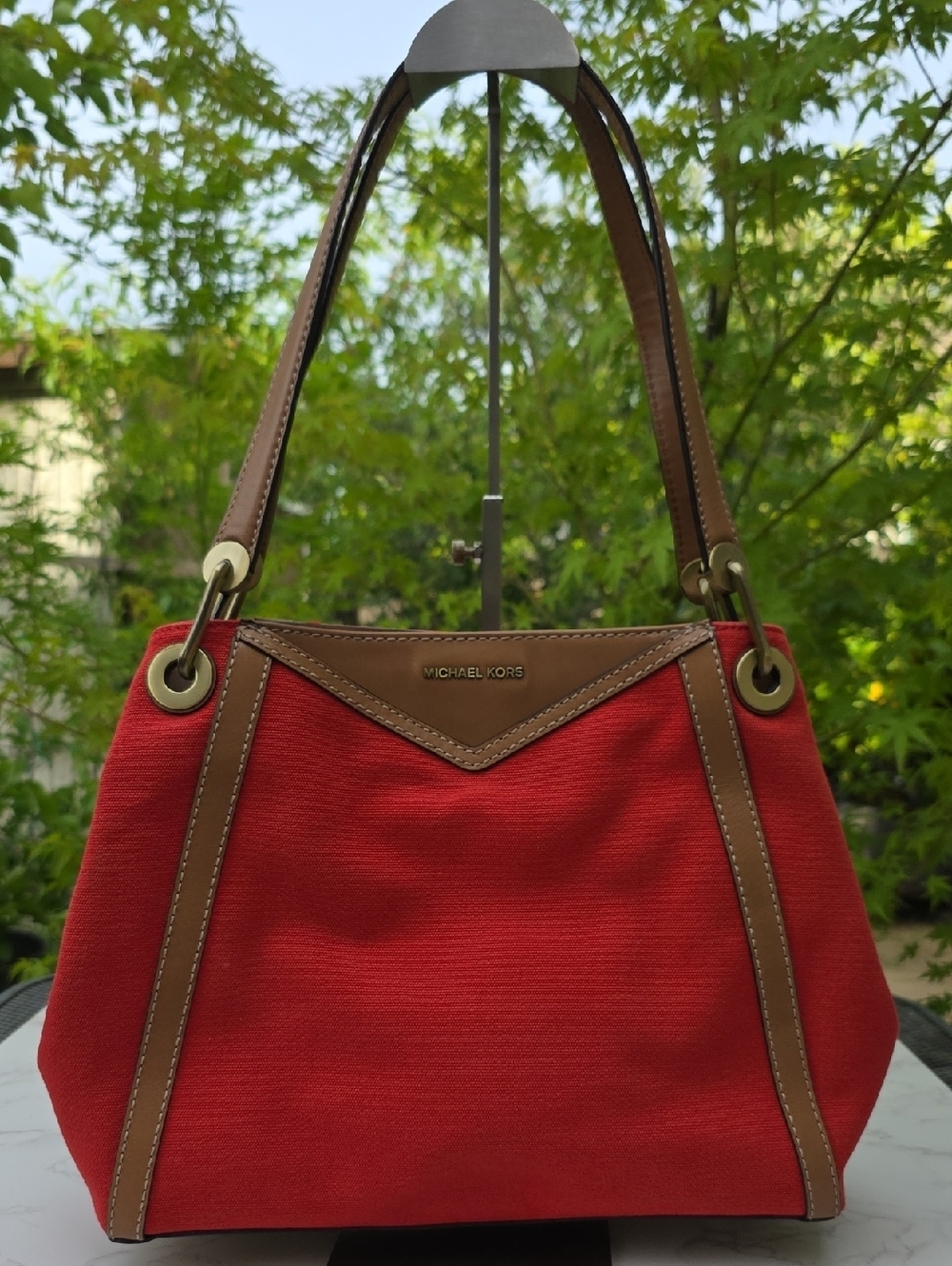 Michael Kors Raven Orange Red Canvas Shoulder Bag with Brown Leather Trim